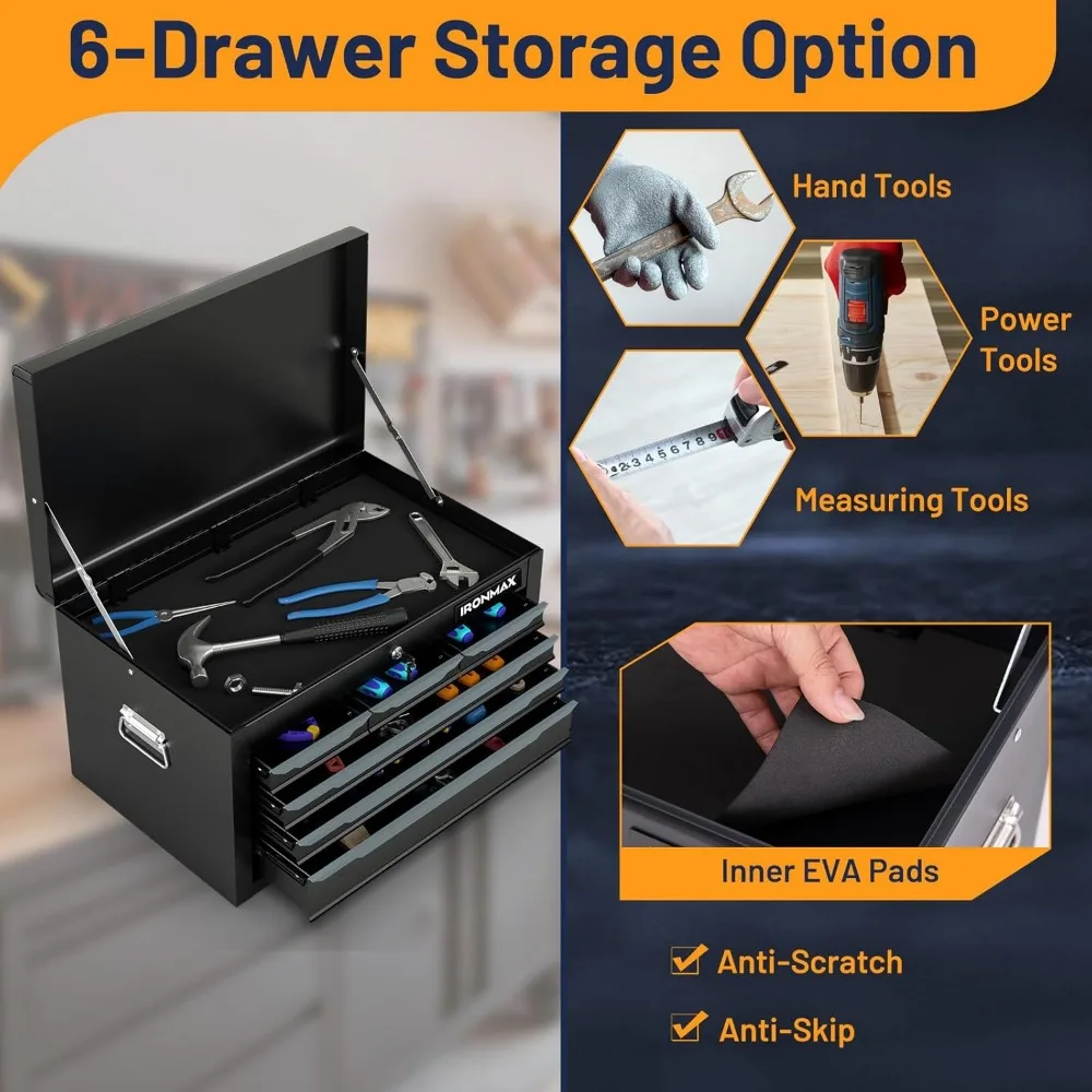 Ящик для инструментов, стальной ящик для инструментов с 6 ящиками 24 дюйма, верхний лоток для инструментов, автоматический замок, защитные вкладыши, ручка, гладкие направляющие для шарикоподшипников