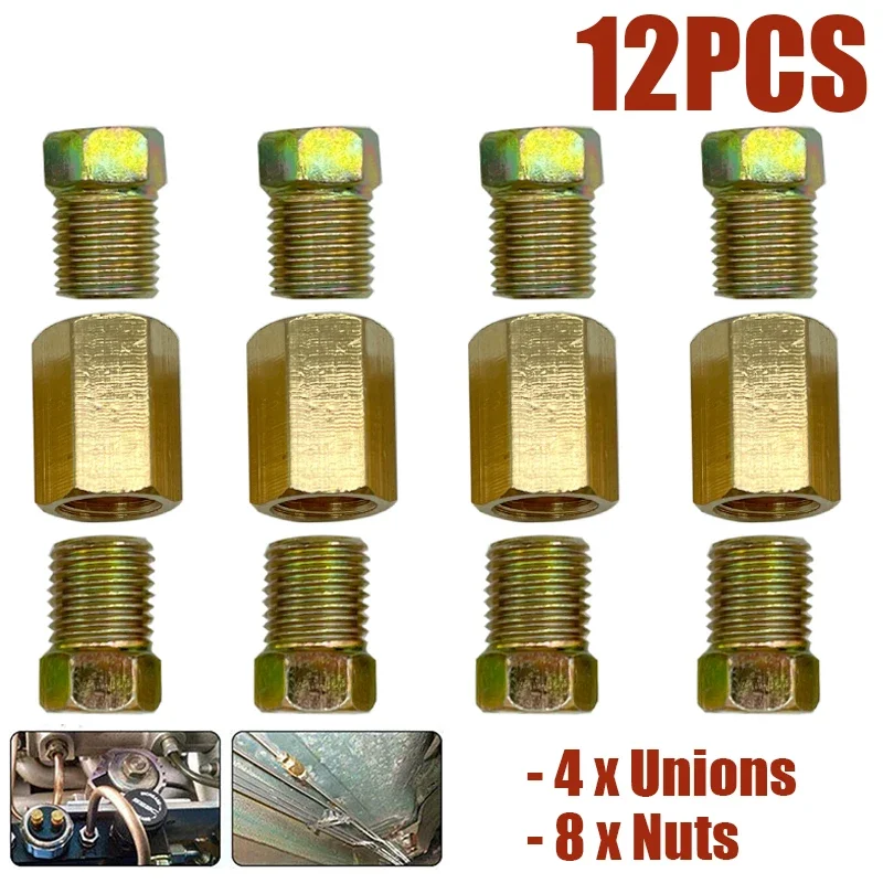 4 Sets Brake Line Connector 3/8-24 Threaded Brake Line Fittings & Brass (4X Unions 8X Nuts) Adapter For 3/16\