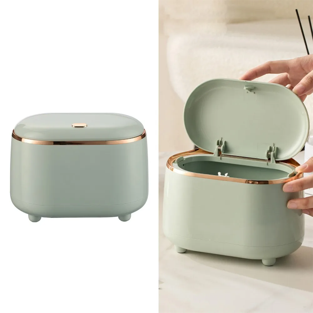 Mini Press Type Lid Mini Trash Can Plastic Oval Shape Desktop Garbage Bin Countertop Waste Basket Bedroom