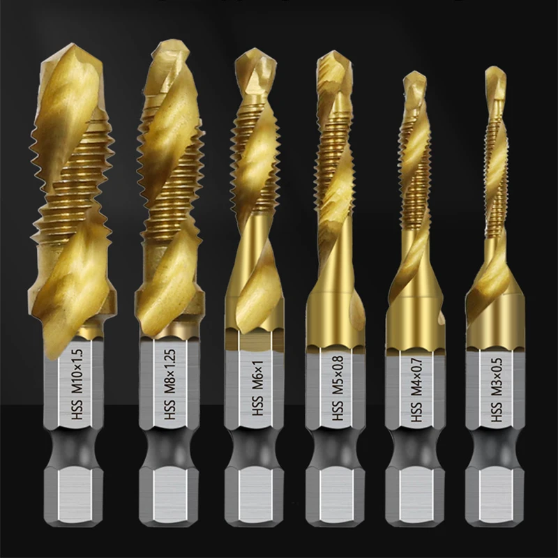 6PCS Tap Drill Bits Hex Shank Titanium Plated HSS Screw Thread Bit Screw Machine Compound Taps Set Hand Tools M3 M4 M5 M6 M8 M10