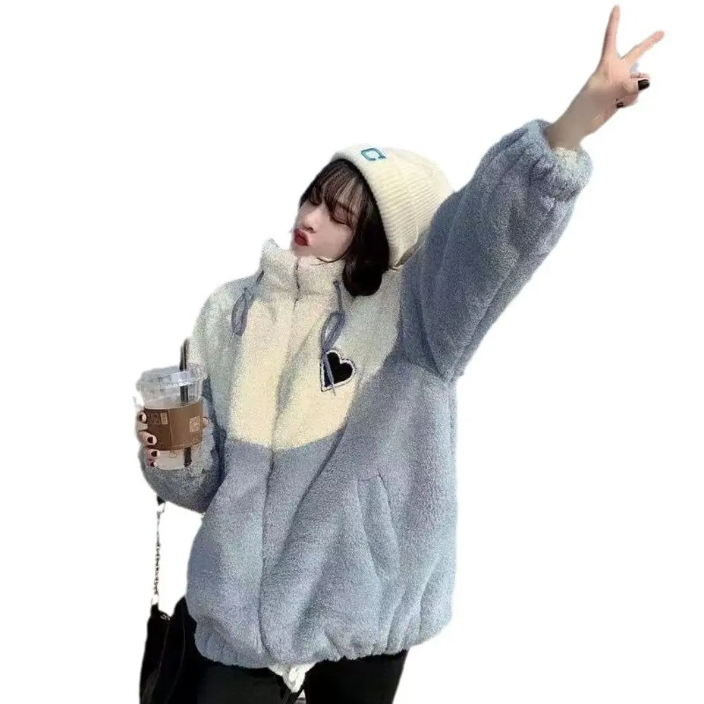

Women's Lamb Cashmere Coat Korean Loose Fit Thick Padded Jacket for Autumn Winter Junior Senior High School Students