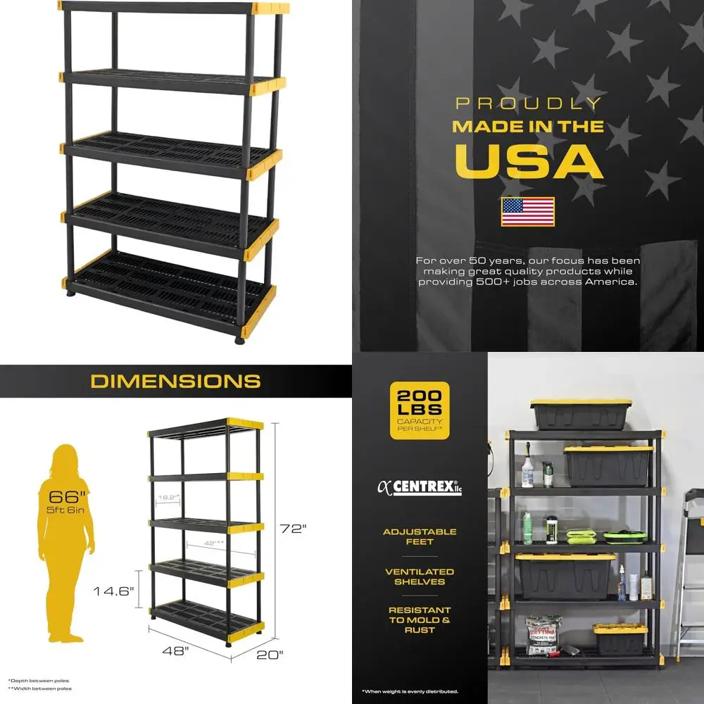 

5-полочный промышленный пластиковый стеллаж, грузоподъемность 90 кг, 183x122x51 см, идеально подходит для гаража, склада, подвала