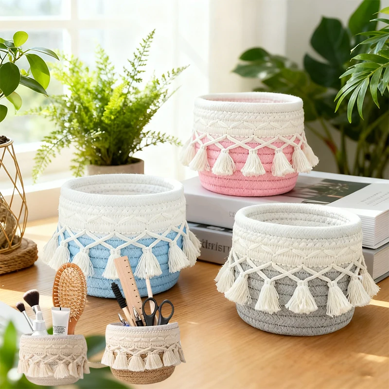 

Tassel Desktop Storage Basket Suitable for Desktop Living Room Decoration Makeup Brush Storage Creative Office Decoration Box