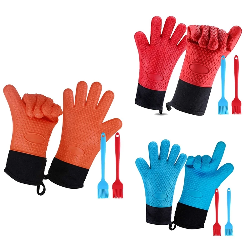 1 Pair Silicone Cooking Gloves(With 2 Pcs Pastry Brush),BBQ Grilling Smoker Gloves,Oven Mitts With Cotton Lining