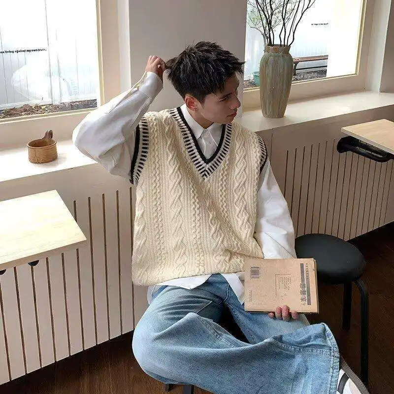 

American Sle Twist Knit Sweater Men's Loose V-Ne Vest Casual College Wind Polyester Fiber Soft Knitted Long Sve Coat