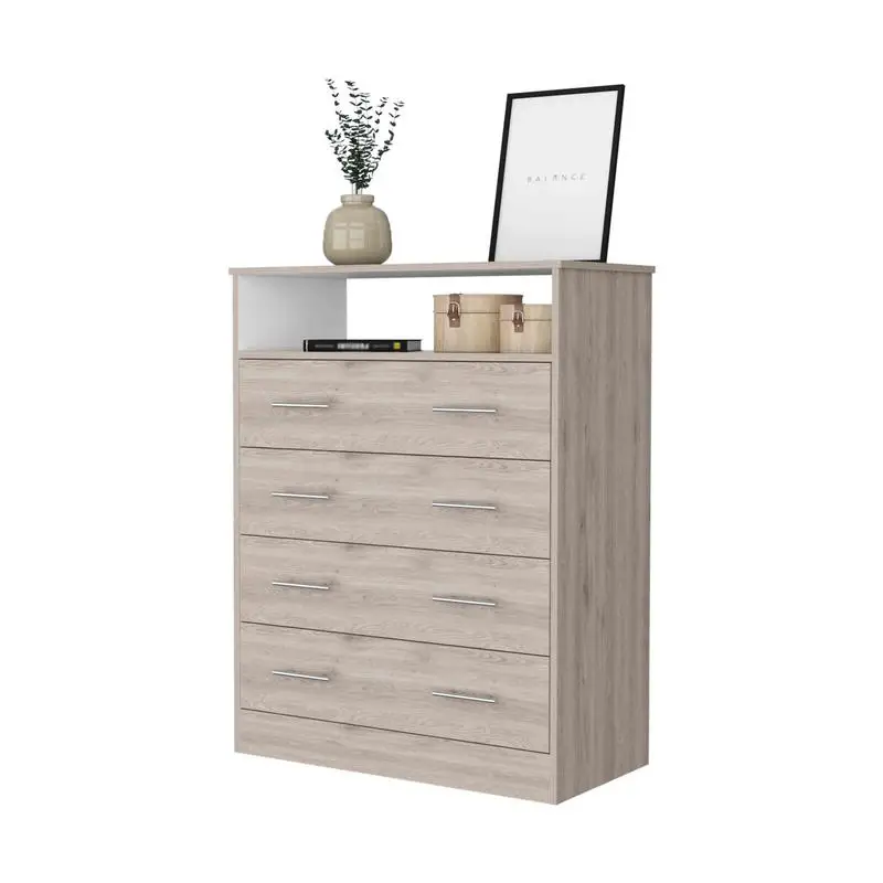 Commode à 4 tiroirs gris clair et blanc avec étagère et dessus supérieur