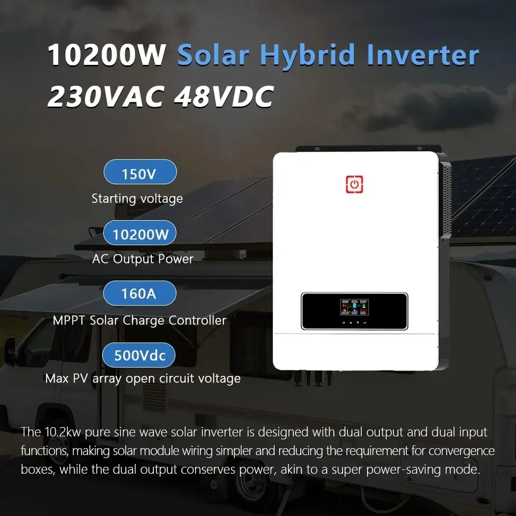 10.2KW On/Off Grid Solar Hybrid Inverter Built-in 160A Charge Controller PV Max 500V Input DC48V to AC230V Pure Sine Wave Invert