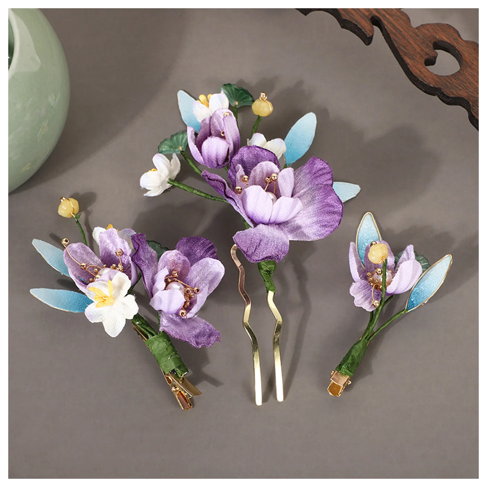 Purple Flower Hairpins U Shaped Hair Sticks Forks Elegant Floral Headpieces Retro Chinese Style Hairclips Women Hair Jewelry