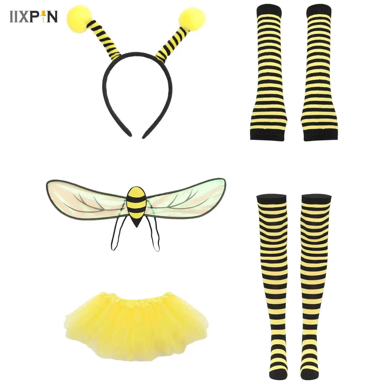 

Yellow Bee Costume Set Bee Ears Headband Mesh Tutu Skirt Mittens Stockings Animal Fancy Accessories Kit For Halloween Cosplay