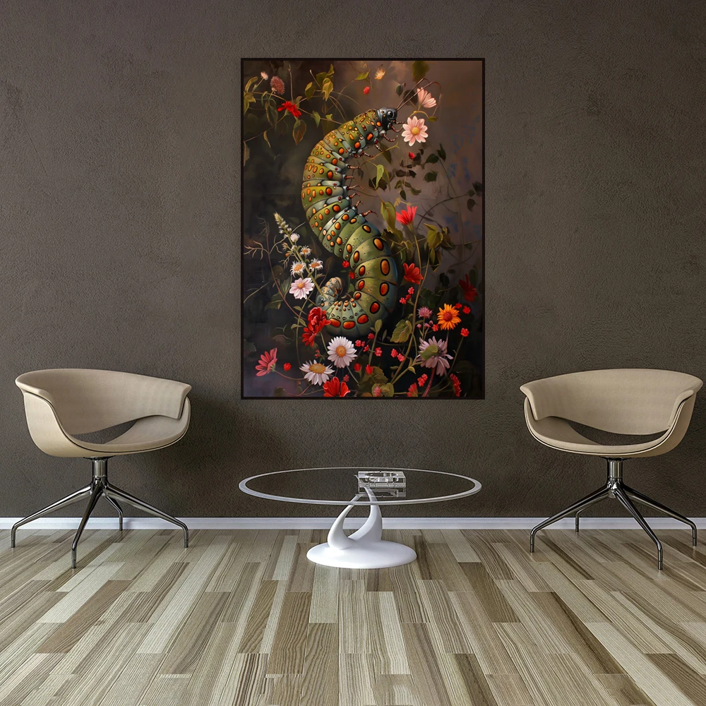 Moody caterpillar wall art, animal goblin art, insect portrait poster, retro funny animal caterpillar art, dark academia