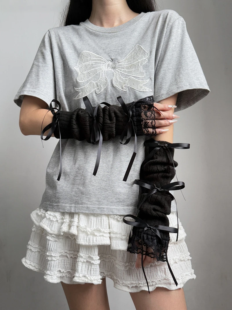 العصرية الحلو متماسكة القوس أكمام أذرع تبريد الديكور الدافئة قفازات طويلة أصابع انفصال اليد الأكمام للفتيات لوليتا اكسسوارات