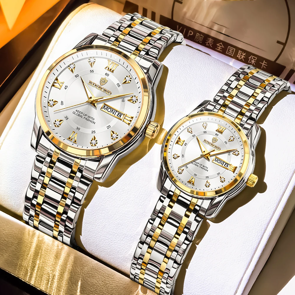 BINBOND Couple Watches 7169 2pcs Luxury Fashion Original Quartz Watch for Lover Dual Calendar Double Scale Waterproof Luminous