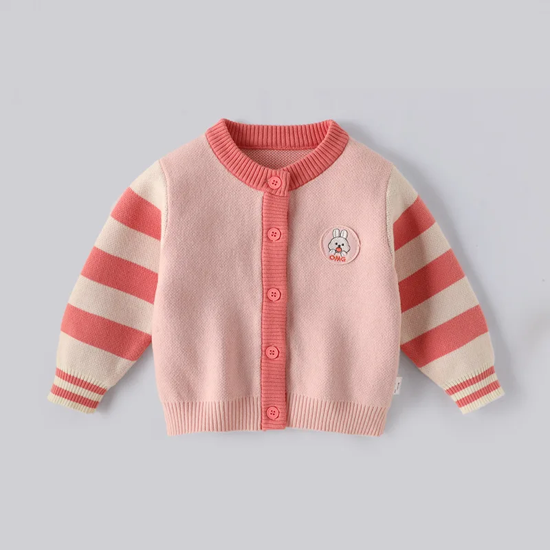 

Autumn Children Girl Cardigan Rabbit Sticker Spliced Infant Baby Girl Open Stitch Coat Striped Long Sleeve Toddler Girl Sweaters