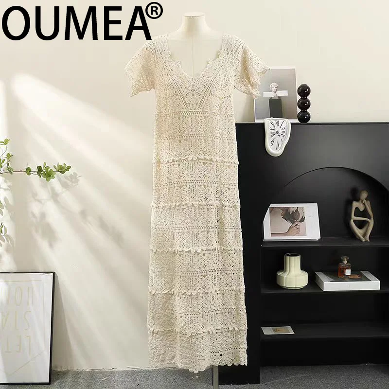 OUMEA Women Crochet Dress Short Sleeve V Neck Beach Crochet Long Dress Vintage Embroidered Knitting Dress