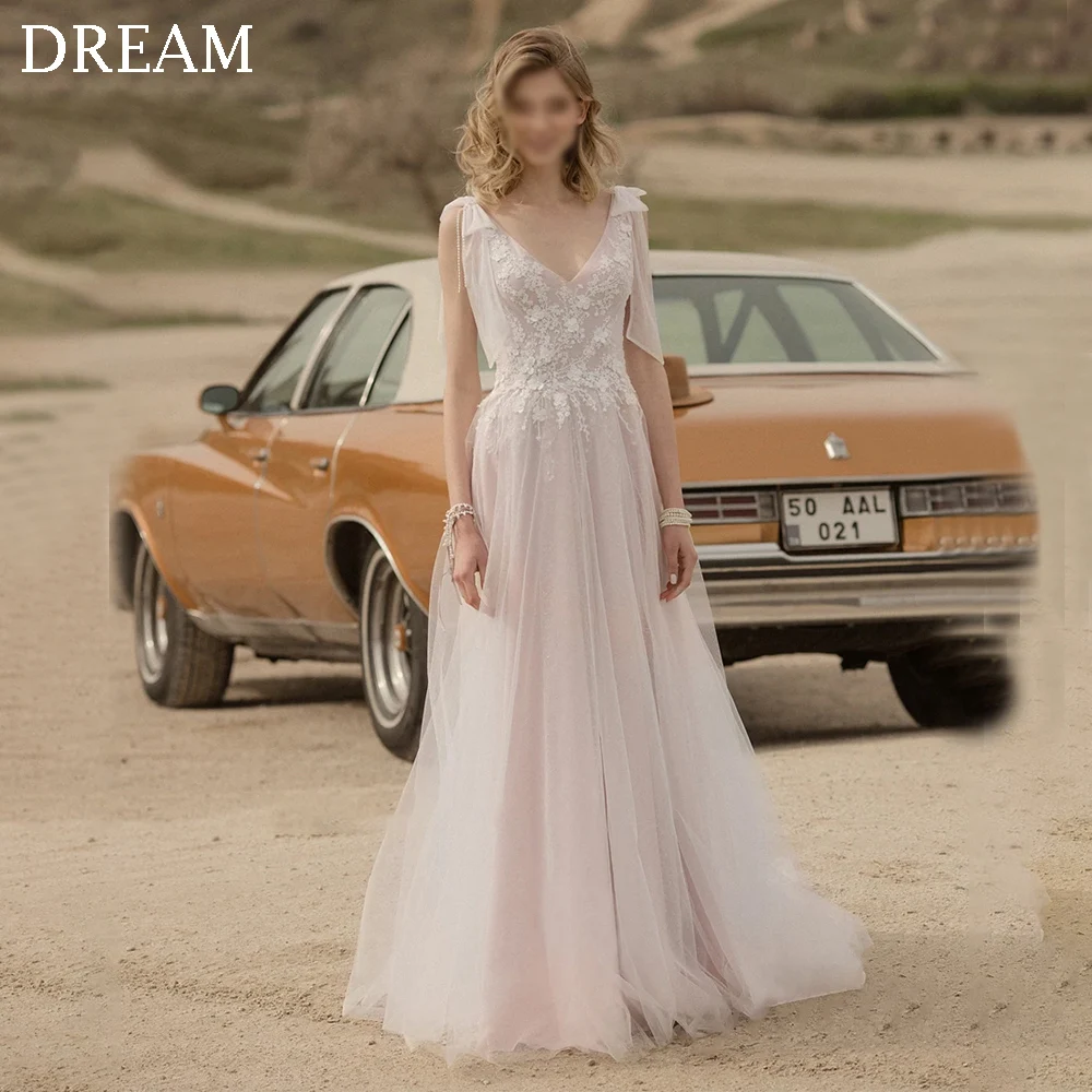 

DREAM Customized Elegant Long A-Line Wedding Dresses V-Neck Floor-Length Sweep Train Brides Dress Women Vestidos De Novias 2025