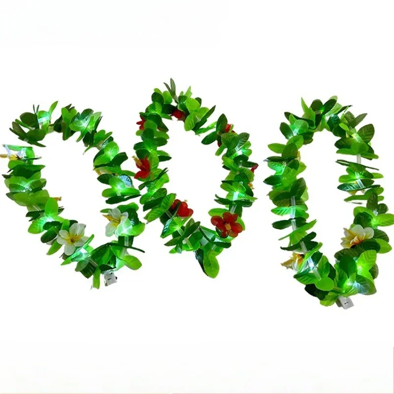 

10pcs Light Up Glow Hawaiian Leis Necklace Bulk Garlands Tropical Artificial Flowers Leaf Luau Party Decorations for Beach