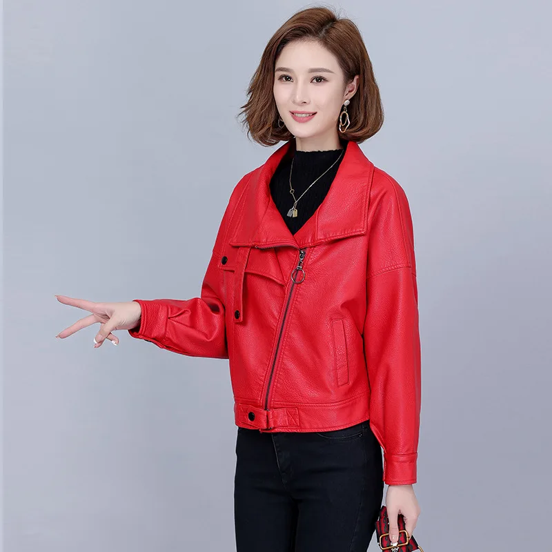 2023 Spring New Women Autumn Winter Faux Leather Jacket Oversized Korean Female Slim Loose Stand Collar Coat Girl Outerwear