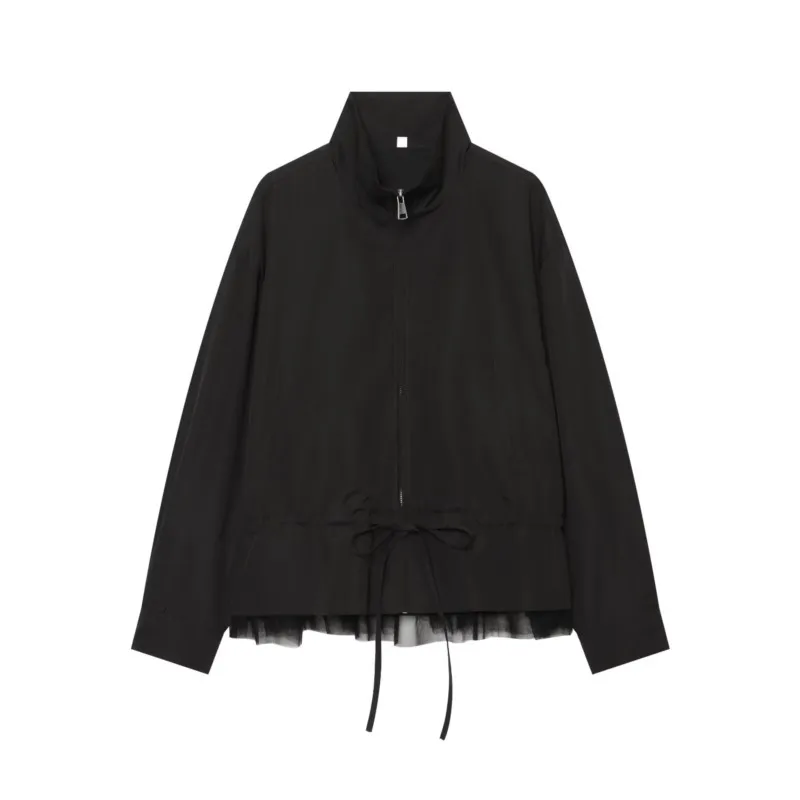 Women's Autumn Jacket with Drawstring New 2026 High Neck Long Sleeve Lace Hem Women's Zipper Jackets Female Chic Coats