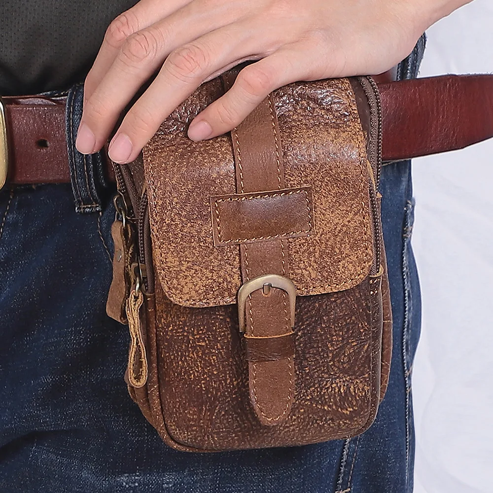 Mobile phone waist bag men outdoor leisure wear belt waist hanging leather men retro small waist bag