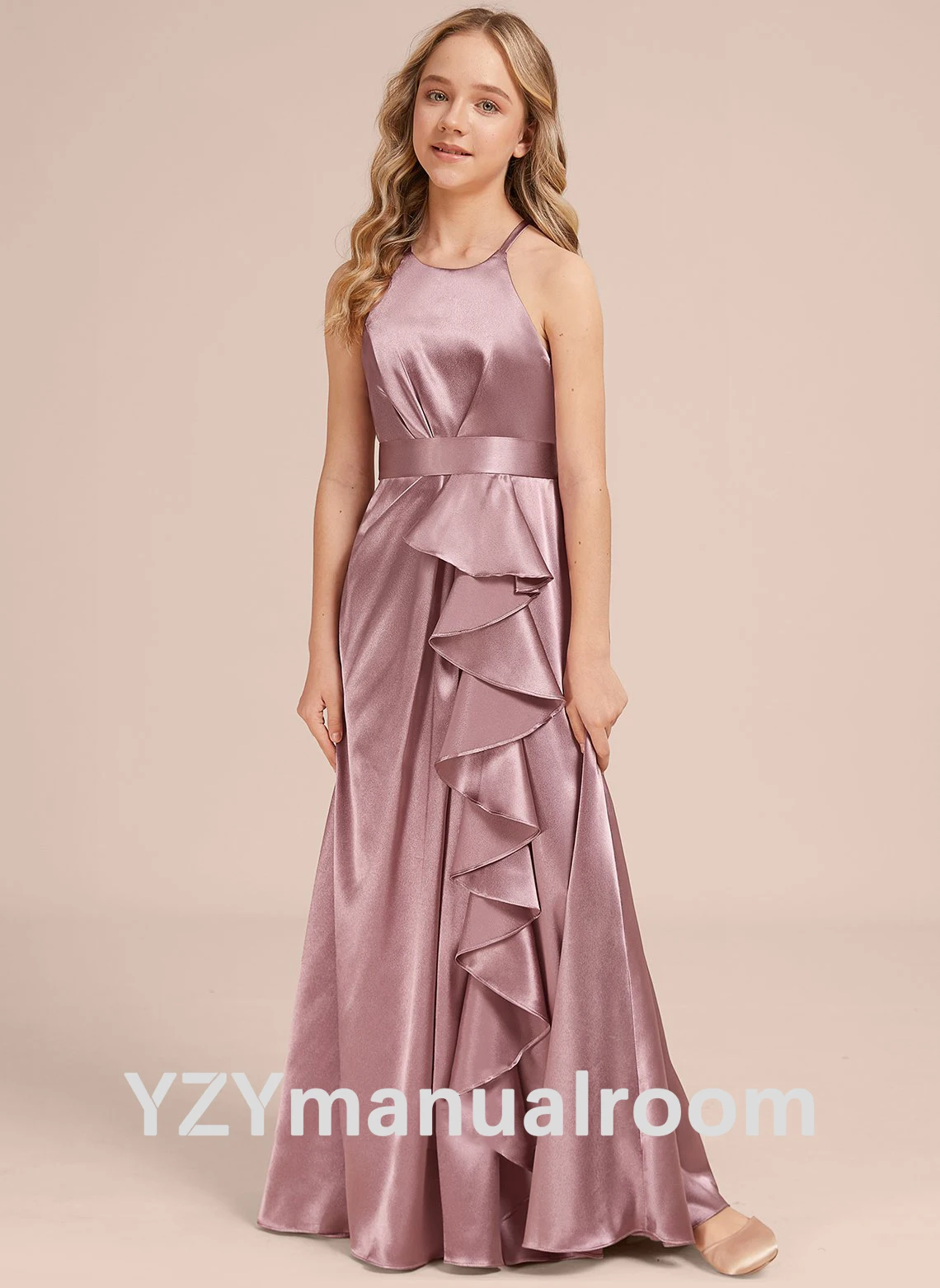 YZYmanualroom A-line Halter Floor-Length Stretch Satin Junior Bridesmaid Dress With Cascading Ruffles/Customizable