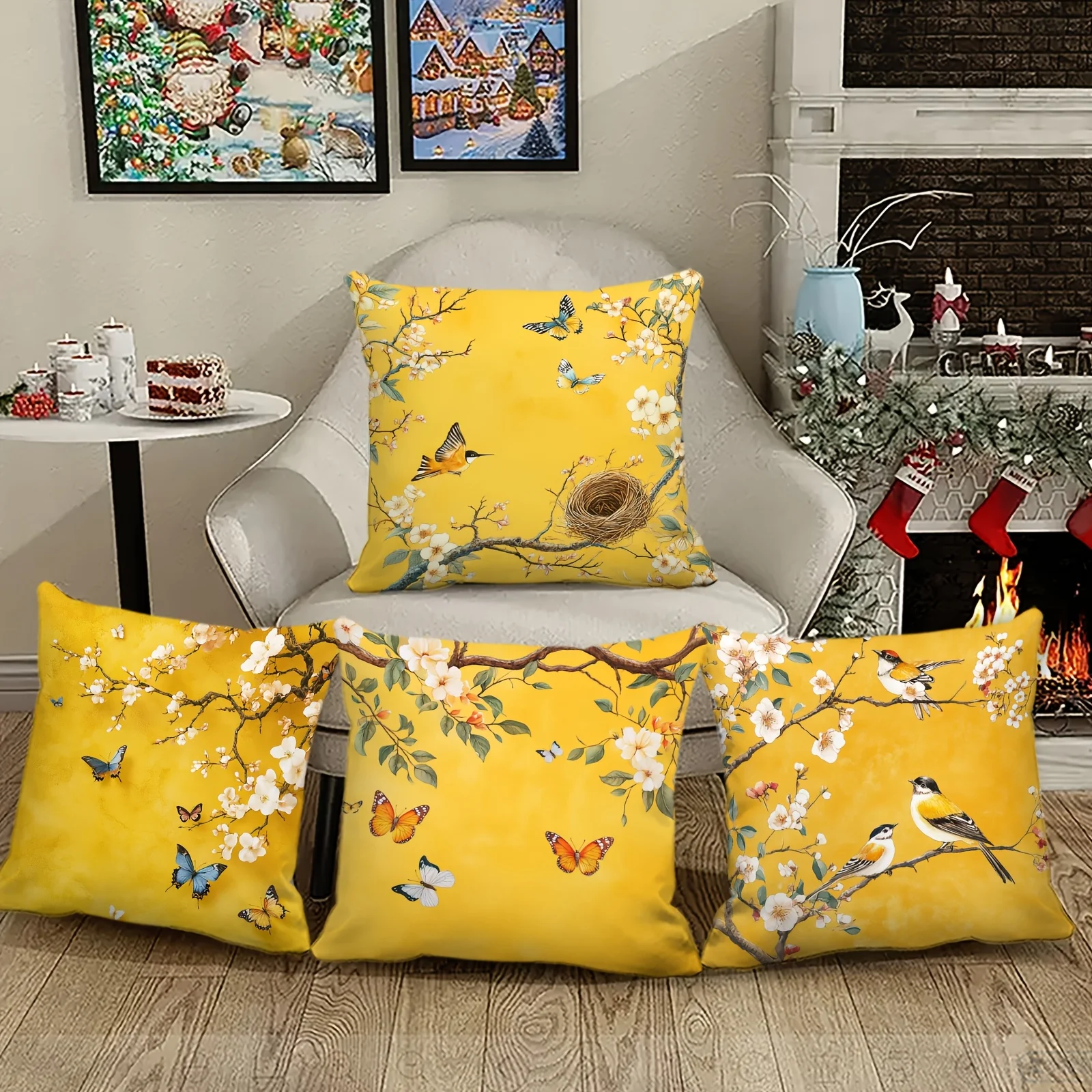 4pc Yellow Blossom Branch Pillow Covers Featuring Classic And Elegant Designs with Flowers And Butterflies Decoration Pillowcase