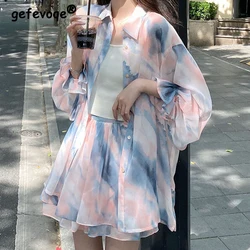 Women Tie Dye Print Oversize Shirts Summer Trendy Streetwear Harajuku Blouse Tunic Tops Female Outfits Sexy Beach Mini Skirt Set