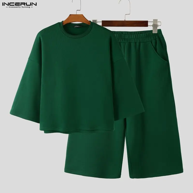 

INCERUN Мужские комплекты Однотонные мешковатые толстовки с рукавами 3/4 и брюки длиной до икры Комплекты из двух предметов Уличная одежда Свободные модные мужские костюмы