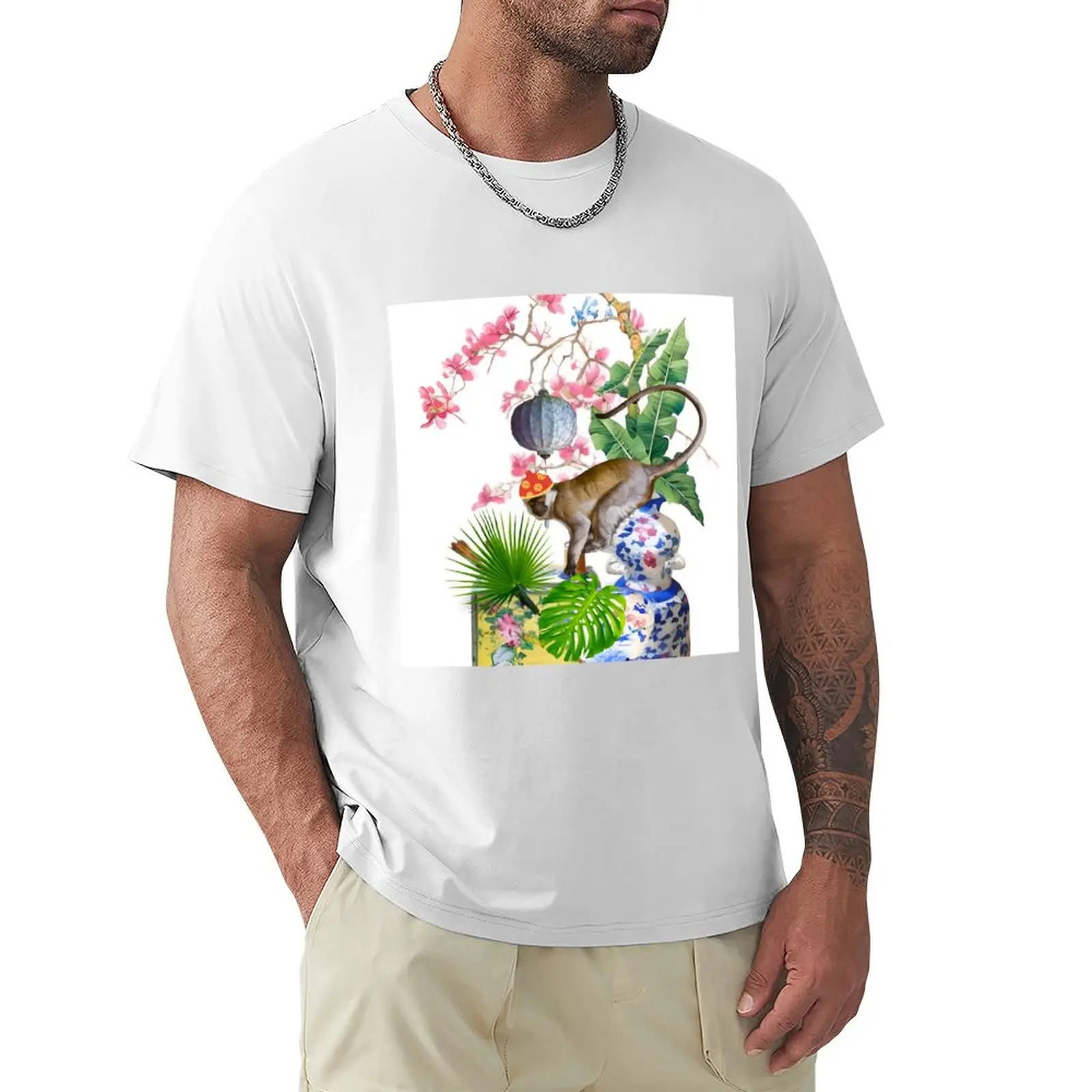 Painting monkey chinoiserie T-shirt customs boys whites slim fit t shirts for men