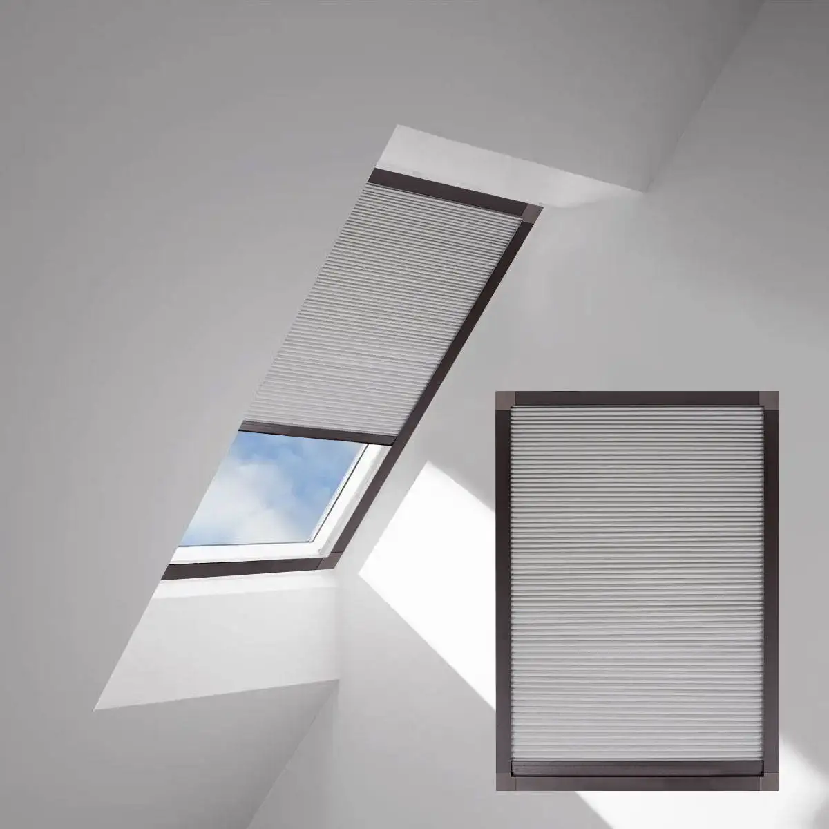 Full Blackout Skylight Blinds. Total darkness for bedrooms. Heat insulation & UV block. No drill. Fits roof windows & glass