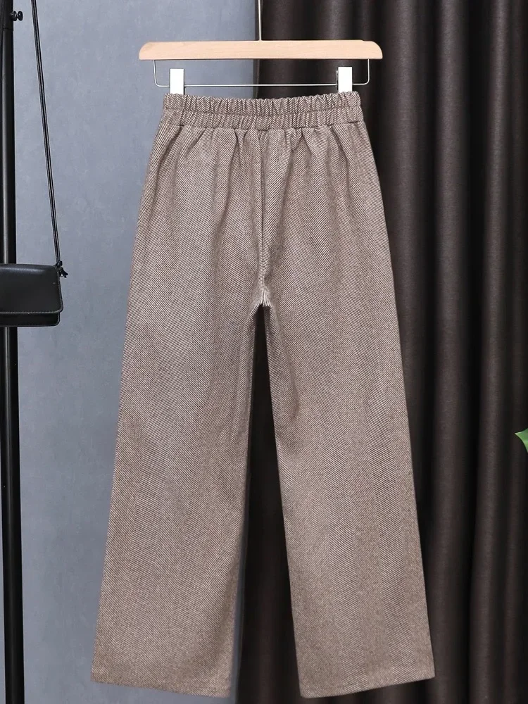 

Striped Woolen Wide Leg Pants Women Fall Winter High Waist Ankle Length Pantalones Office Wool Blend Straight Broek B286