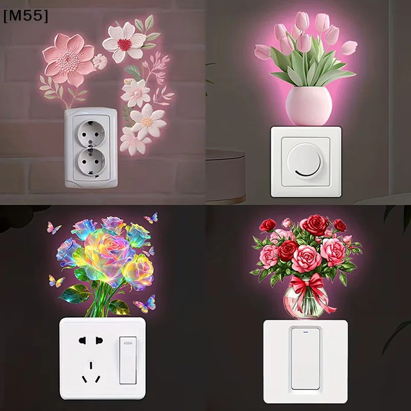 Glow-in-the-Dark Flowers Switch Sticker Tulip Lily Sunflower Wall Sticker Self-Adhesive PVC Switch Outlet Decor Easy Peel[M55]