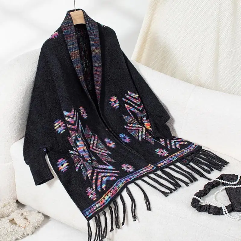831A Sweater Shawl Wrap Womens Ethnic Knit Geometric Pattern Ponchos Sleeve Shrug Sweater Cardigan Open Front Coverup