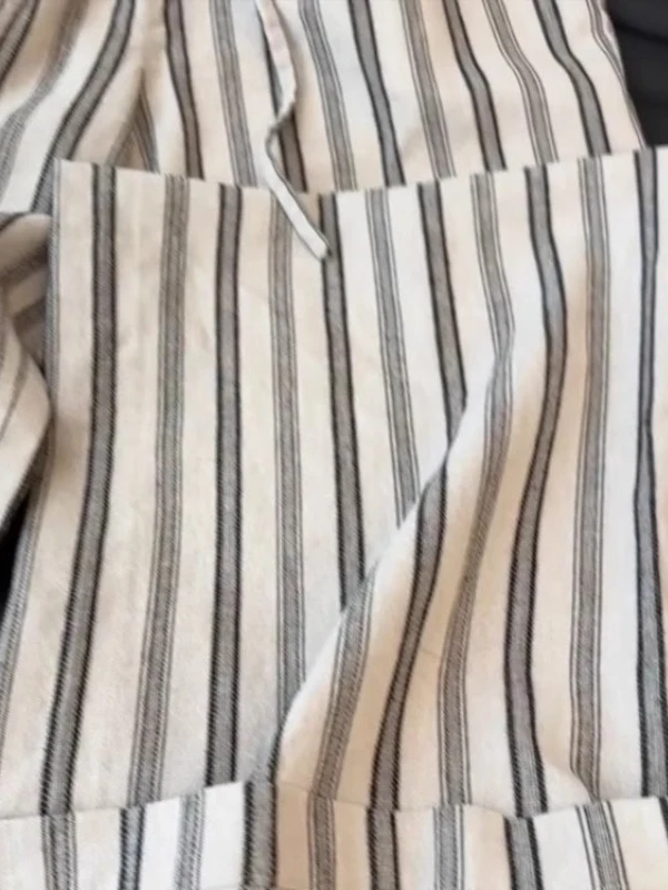 Spodnie damskie z wysokim stanem i szerokimi nogawkami, letnie, nowe, cienkie, luźne, wyszczuplające, codzienne spodnie, bawełniano-lniane, w paski, o prostym kroju, lato 2025.