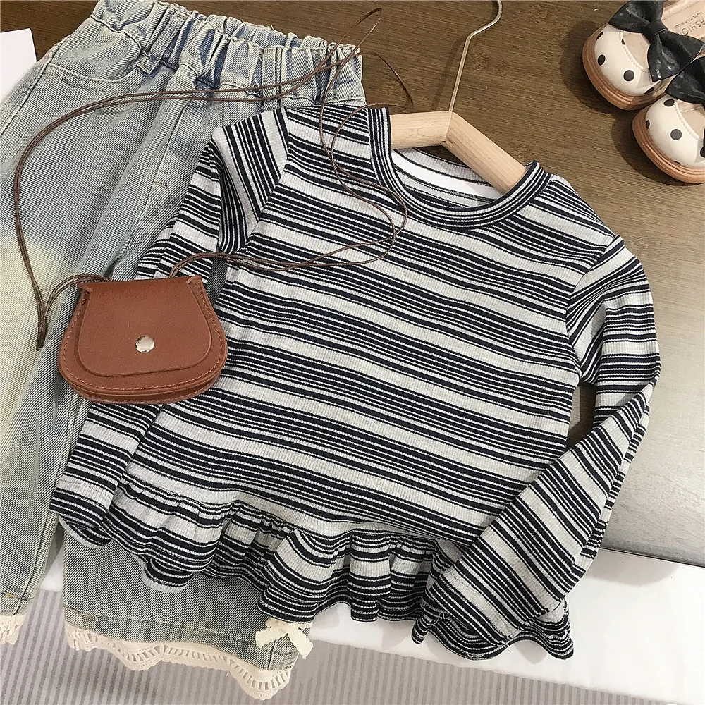 Korean Children's Clothing Lotus Leaf Edge Striped Long-sleeved T-shirt Spring and Autumn New Children's Top Jeans