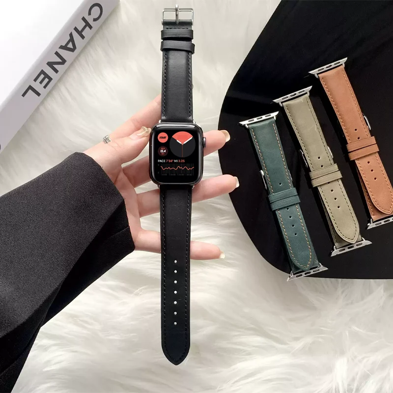 Leather Watch Straps for Apple Watch band 46mm 44mm 49mm 45mm 42mm 40mm 38/41mm bracelet iWatch series 10-Ultra 9-8-7-6-5-4-3-SE