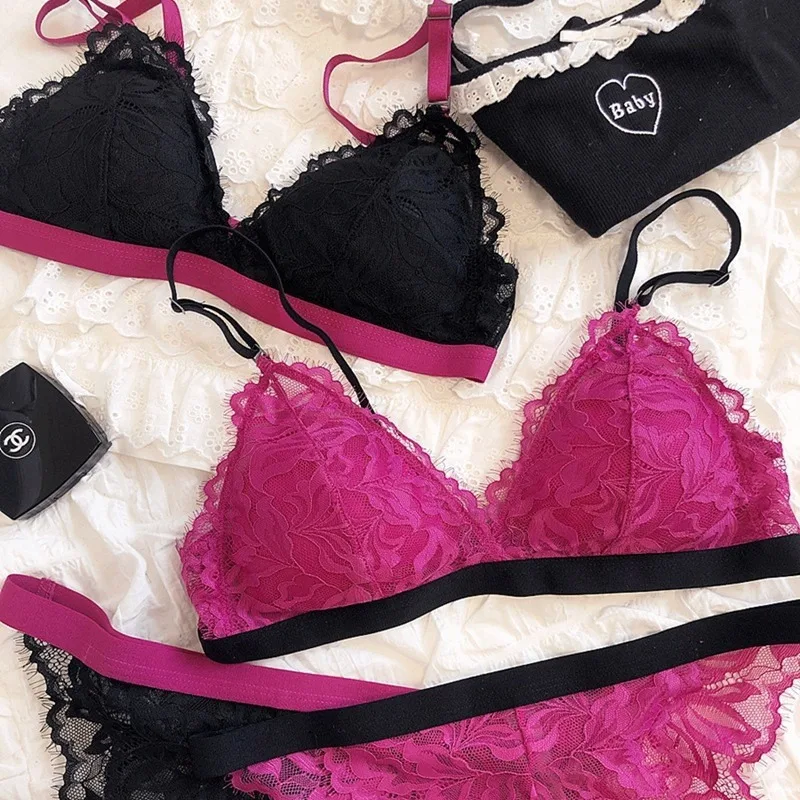 

French Style Thin Contrast Color Triangle Cup Lingerie Without Steel Ring Female Sexy Sweet Big Chest Looks Small Lace Bra Brief
