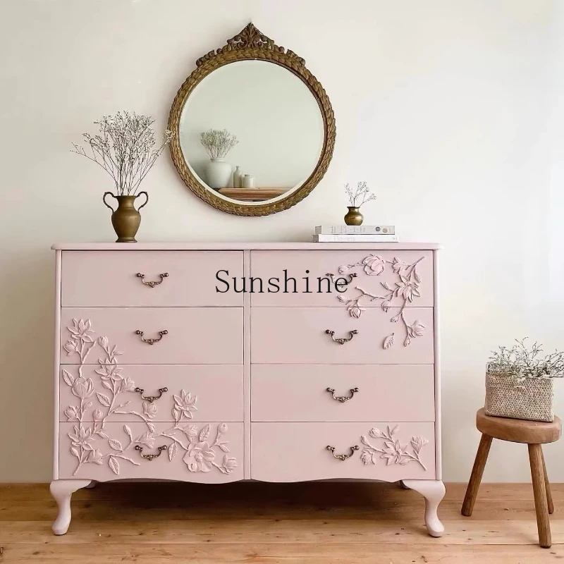 

French retro solid wood pastoral hand-carved pink living room wall chest