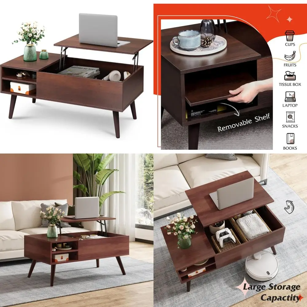 

Mid Century Style Living Room Coffee Table with Storage, Lift Top and Adjustable Shelf, Hidden Compartment for Small Spaces