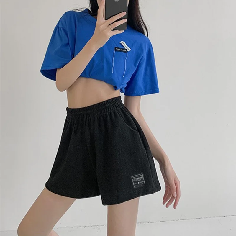 

Спортивные шорты для девочек, с эластичной талией, широкими штанинами, повседневные, утягивающие, с высокой талией, прямые, для дома и отдыха.