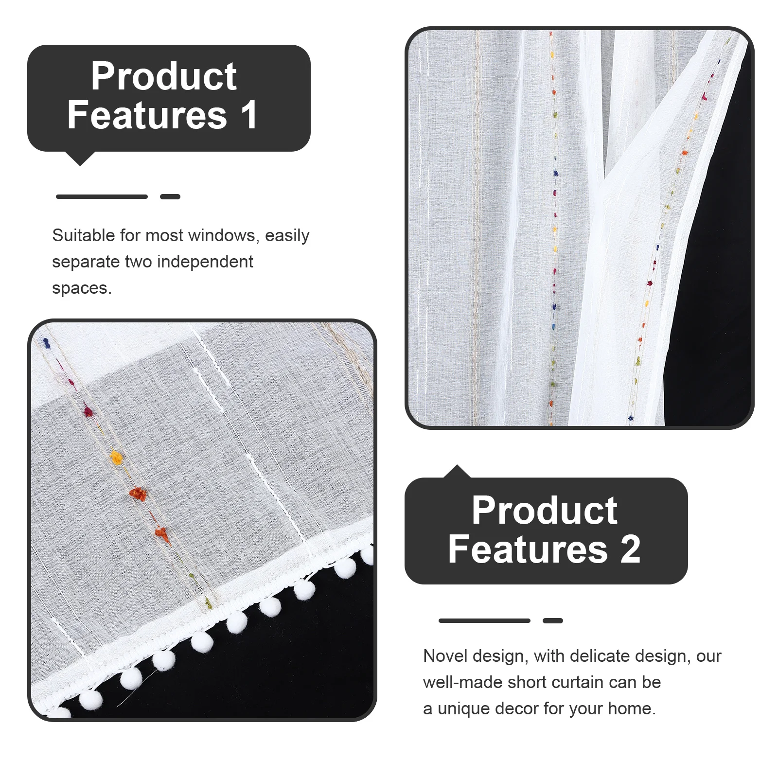 

Window Curtain Kitchen Bedroom Polyester Short Curtain with Colorful Pompom Decor for Home Window Privacy Protection