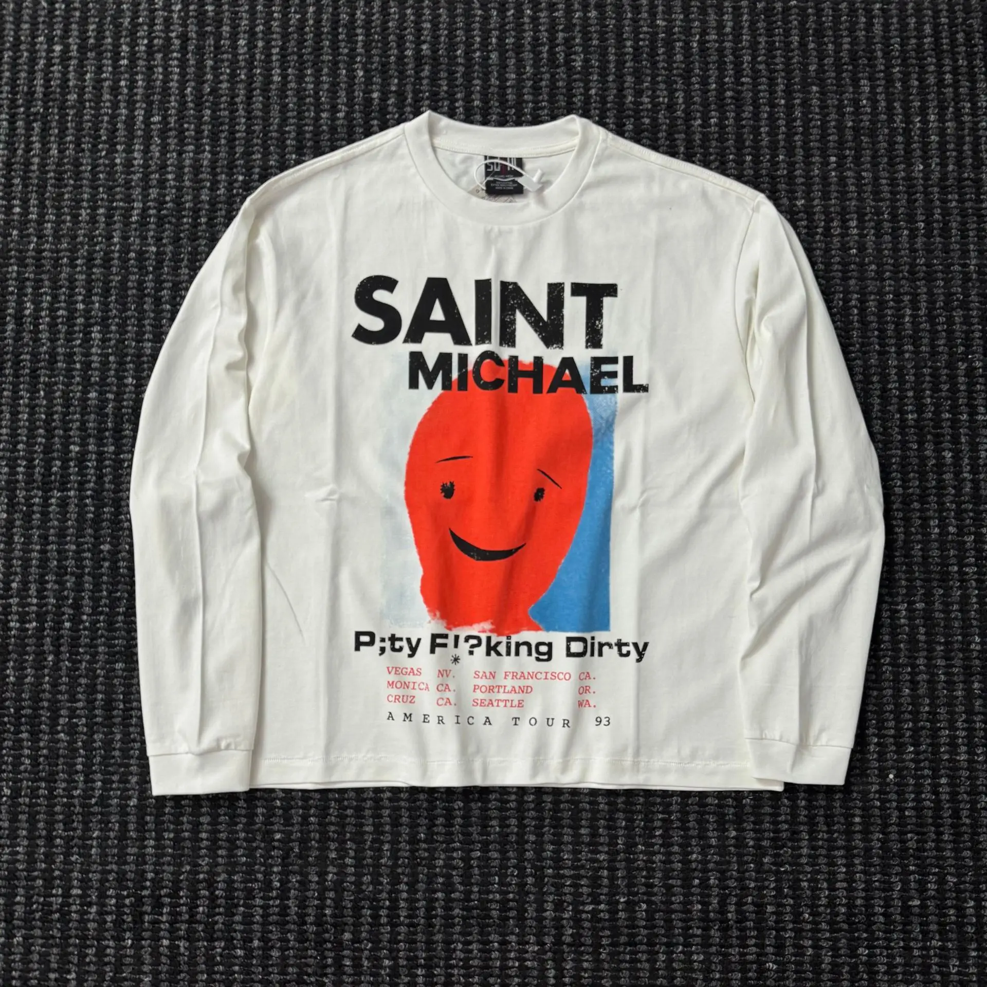 High Street Saint Red Smiley Face Print Casual Long Sleeve Tshirt Men Women Vintage Washed Distressed T-shirts