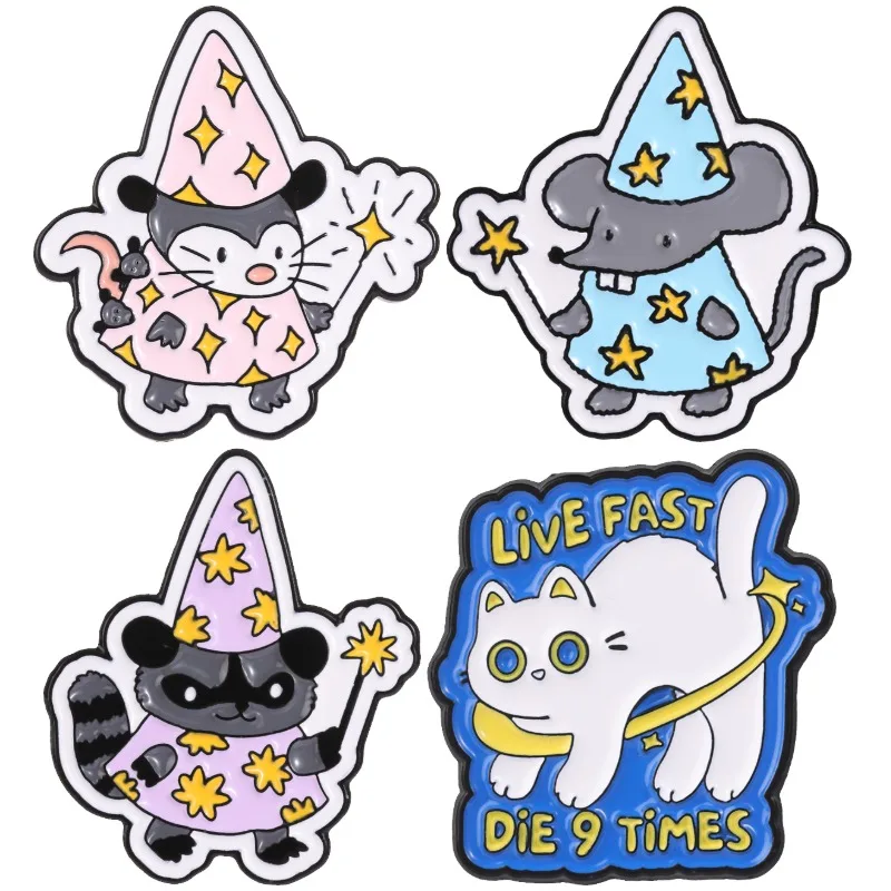 Wizard Animal Badges Skunk Mouse Raccoon Cat Magician Enamel Pins Fantasy Book Club Dragon Brooches Gift for Book Lover