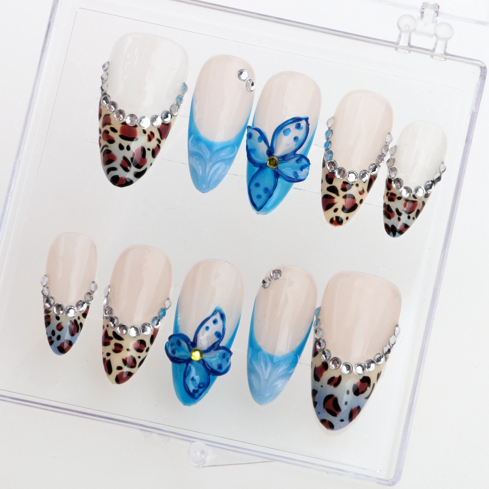 10Pcs Gel Blue Flower Nails Custom Press On Nails hand painted leopard French Tips Design nails Acrylic Fake FreeStyle Nail Set