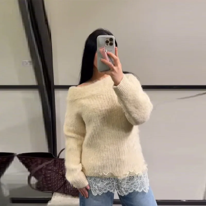 

Женский сексуальный вязаный свитер с открытыми плечами и длинными рукавами, однотонные топы с кружевной отделкой, одежда для свиданий, повседневная универсальная одежда