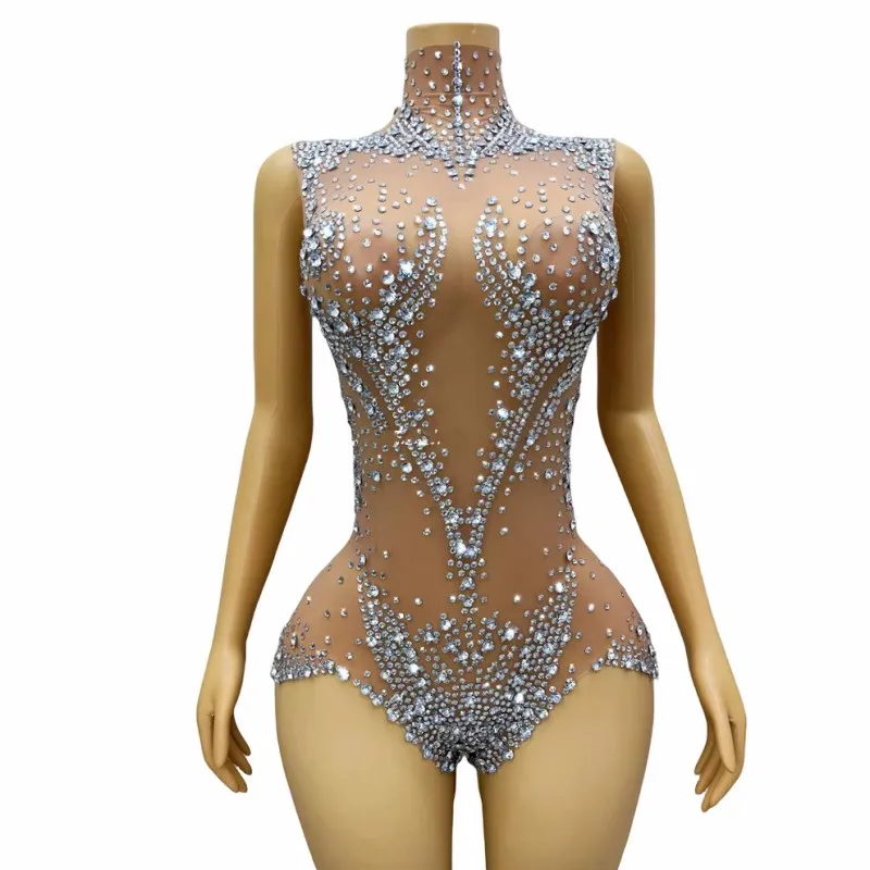 여성을위한 반짝 이는 라인 석 바디 슈트 섹시한 메쉬 투명한 공연 댄스 의상 가수 댄서 나이트 클럽 쇼 무대 착용