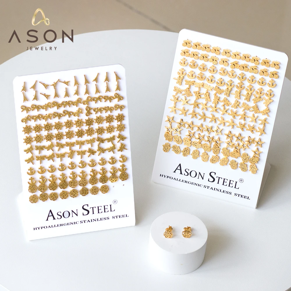 ASONSTEEL 60Pairs/Lot Vintage Stud Earrings for Women Stainless Steel Gold Color Jewelry Set Wholesale Bulk Sale Supplier Trend