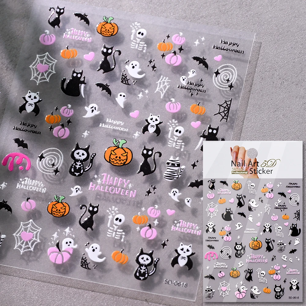 1 Stück 5D Schwarze Halloween-Spinnen-Nagelaufkleber mit verschiedenen Designs: Fledermaus/Geistergesicht/Kürbis/Totenkopf, selbstklebende Slider, DIY-Nagelzubehör