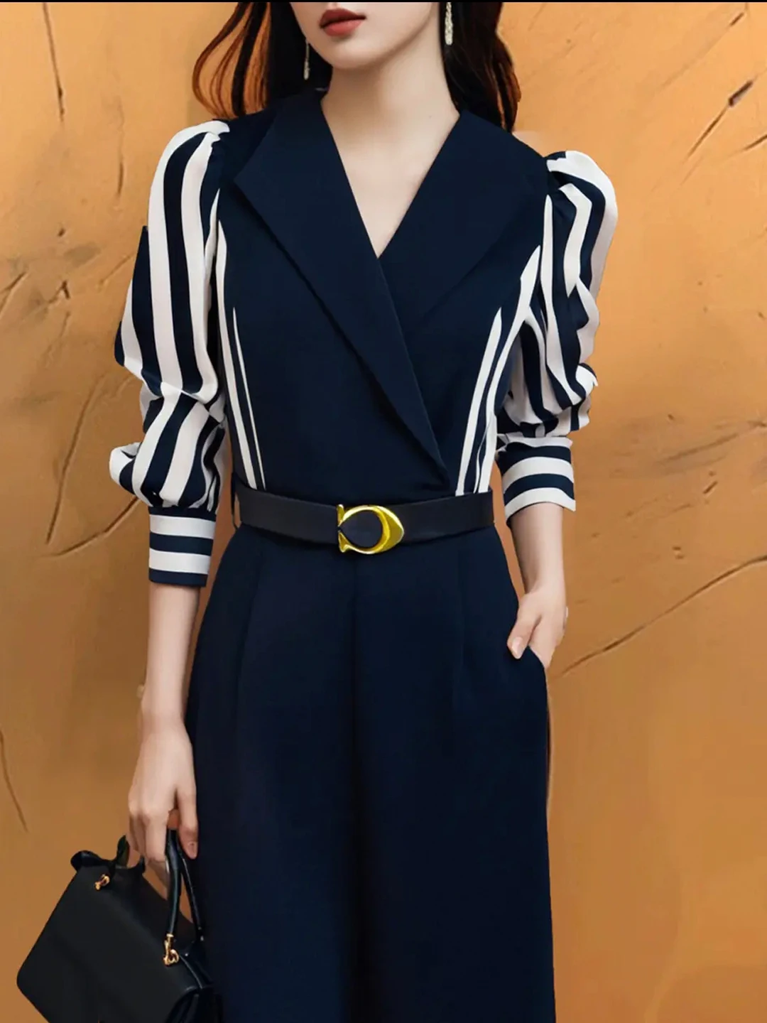 Ele Tuta a gamba larga a vita alta da donna Faion Patchwork a righe Abito intero Autunno Nuovo arrivo Premium Feeling