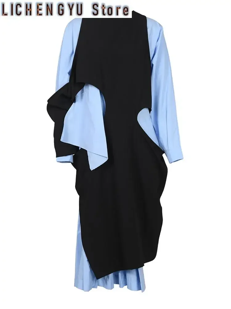 

Women Blue Color-block Big Size Long Dress New Round Neck Long Sleeve Loose Fit Fashion Tide Spring Autumn