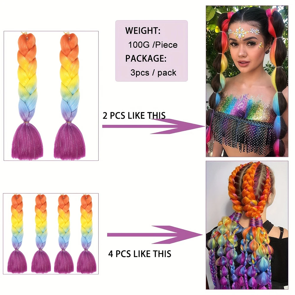 1 STKS 24 inch Ombre Jumbo Vlechten regenboog Hair Extensions Gehaakte Synthetisch haar Rechte pruiken cosplay party Meisjes Haar Accessoire